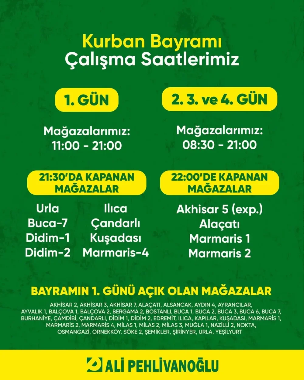 Ali Pehlivanoğlu Bayram Süresince Çalışma Saatlerimiz
